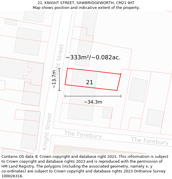 21, KNIGHT STREET, SAWBRIDGEWORTH, CM21 9AT: Plot and title map