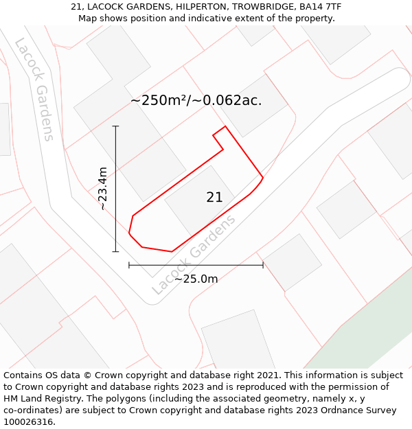 21, LACOCK GARDENS, HILPERTON, TROWBRIDGE, BA14 7TF: Plot and title map