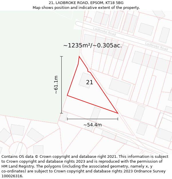 21, LADBROKE ROAD, EPSOM, KT18 5BG: Plot and title map