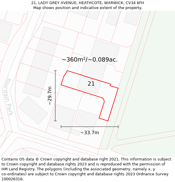 21, LADY GREY AVENUE, HEATHCOTE, WARWICK, CV34 6FH: Plot and title map