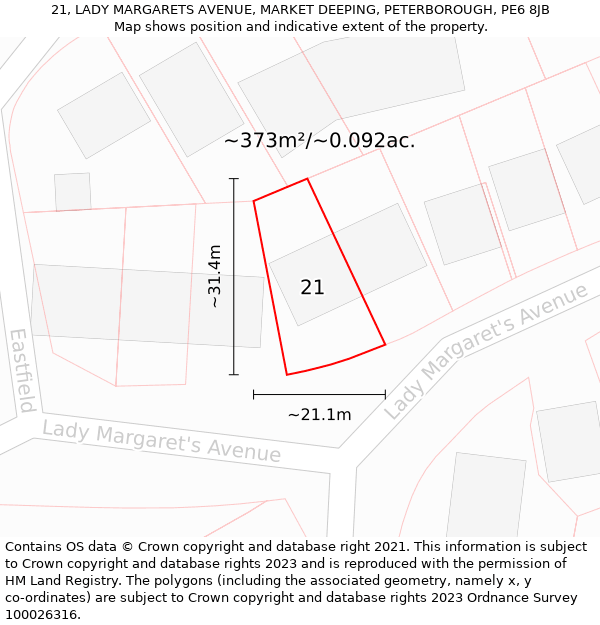 21, LADY MARGARETS AVENUE, MARKET DEEPING, PETERBOROUGH, PE6 8JB: Plot and title map