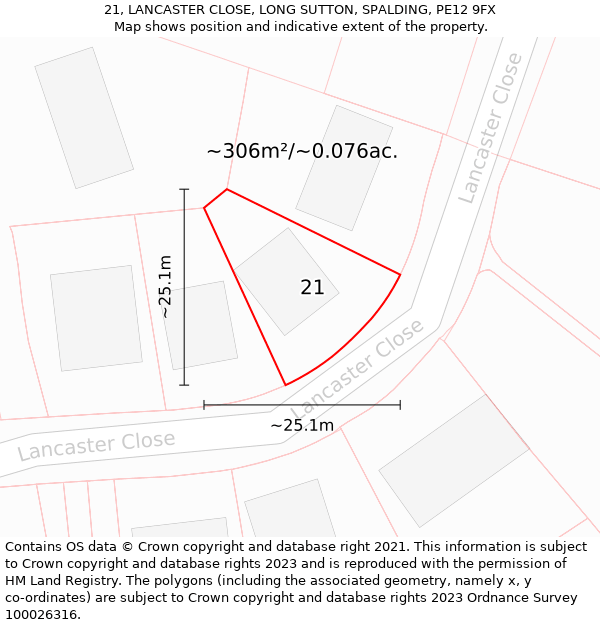 21, LANCASTER CLOSE, LONG SUTTON, SPALDING, PE12 9FX: Plot and title map