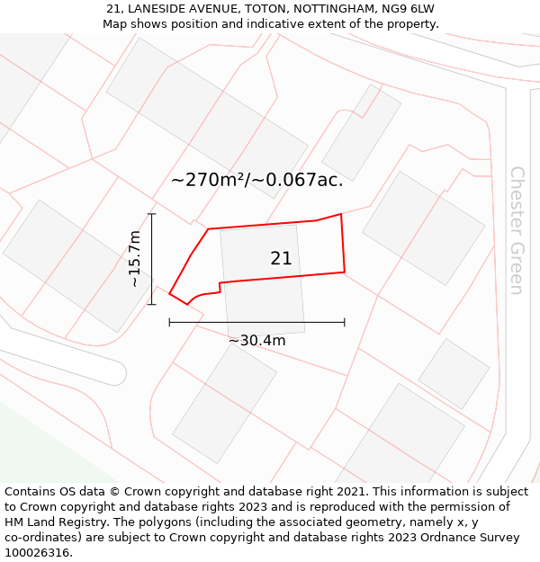 21, LANESIDE AVENUE, TOTON, NOTTINGHAM, NG9 6LW: Plot and title map