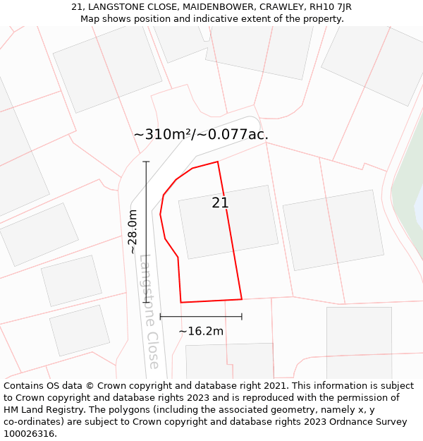 21, LANGSTONE CLOSE, MAIDENBOWER, CRAWLEY, RH10 7JR: Plot and title map
