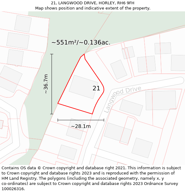 21, LANGWOOD DRIVE, HORLEY, RH6 9FH: Plot and title map