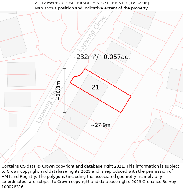 21, LAPWING CLOSE, BRADLEY STOKE, BRISTOL, BS32 0BJ: Plot and title map