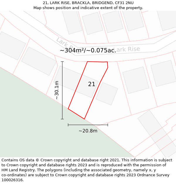 21, LARK RISE, BRACKLA, BRIDGEND, CF31 2NU: Plot and title map