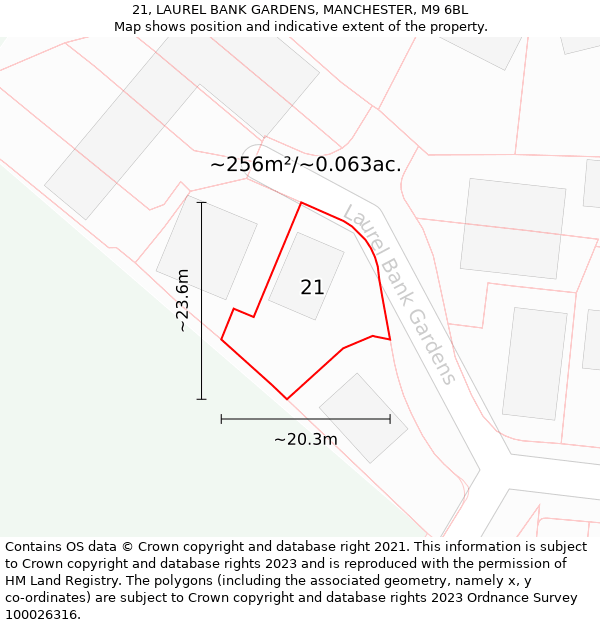 21, LAUREL BANK GARDENS, MANCHESTER, M9 6BL: Plot and title map