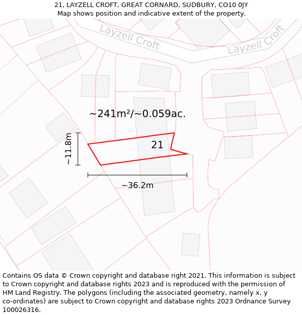 21, LAYZELL CROFT, GREAT CORNARD, SUDBURY, CO10 0JY: Plot and title map