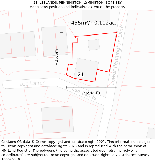 21, LEELANDS, PENNINGTON, LYMINGTON, SO41 8EY: Plot and title map