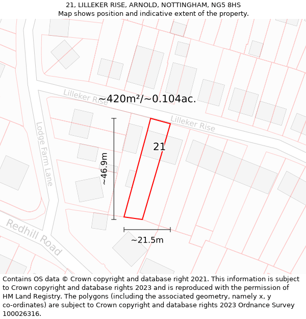 21, LILLEKER RISE, ARNOLD, NOTTINGHAM, NG5 8HS: Plot and title map