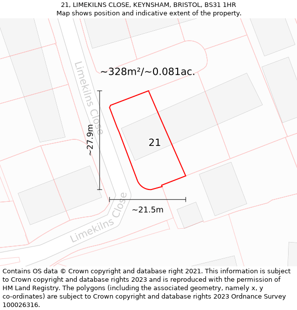 21, LIMEKILNS CLOSE, KEYNSHAM, BRISTOL, BS31 1HR: Plot and title map