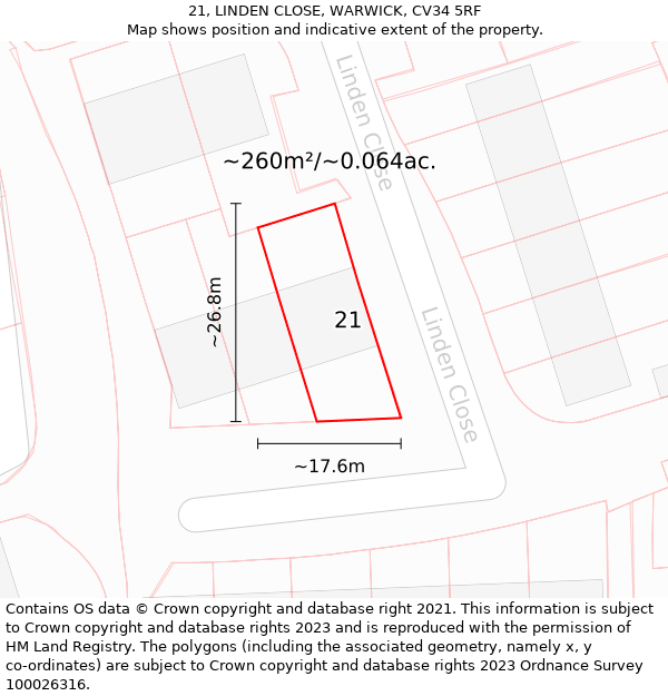 21, LINDEN CLOSE, WARWICK, CV34 5RF: Plot and title map