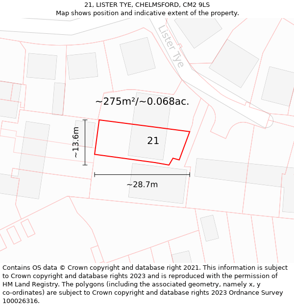 21, LISTER TYE, CHELMSFORD, CM2 9LS: Plot and title map