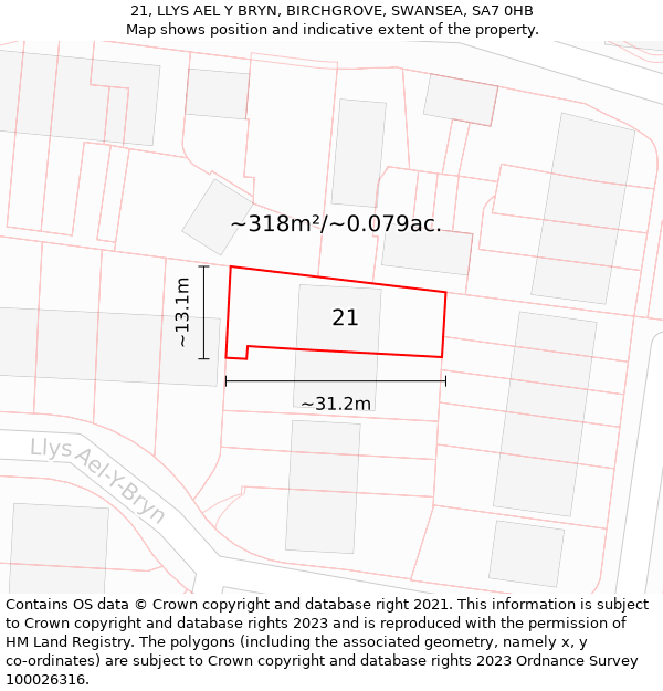 21, LLYS AEL Y BRYN, BIRCHGROVE, SWANSEA, SA7 0HB: Plot and title map
