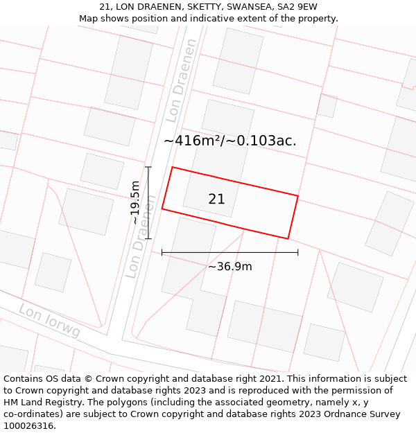 21, LON DRAENEN, SKETTY, SWANSEA, SA2 9EW: Plot and title map