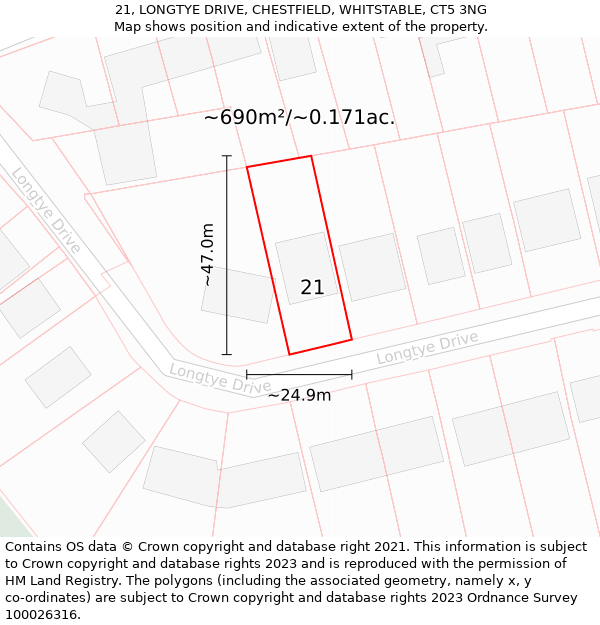 21, LONGTYE DRIVE, CHESTFIELD, WHITSTABLE, CT5 3NG: Plot and title map