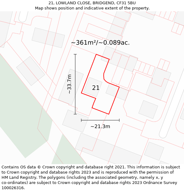 21, LOWLAND CLOSE, BRIDGEND, CF31 5BU: Plot and title map