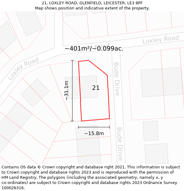 21, LOXLEY ROAD, GLENFIELD, LEICESTER, LE3 8PF: Plot and title map