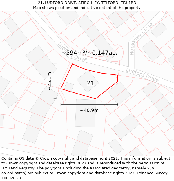 21, LUDFORD DRIVE, STIRCHLEY, TELFORD, TF3 1RD: Plot and title map