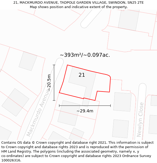 21, MACKMURDO AVENUE, TADPOLE GARDEN VILLAGE, SWINDON, SN25 2TE: Plot and title map