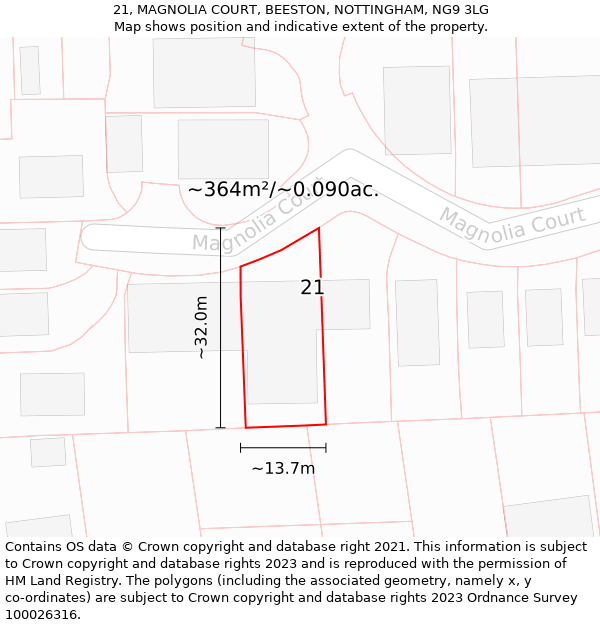 21, MAGNOLIA COURT, BEESTON, NOTTINGHAM, NG9 3LG: Plot and title map