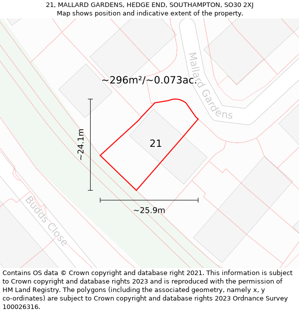 21, MALLARD GARDENS, HEDGE END, SOUTHAMPTON, SO30 2XJ: Plot and title map