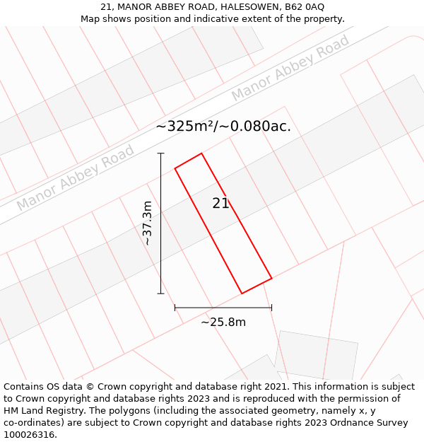 21, MANOR ABBEY ROAD, HALESOWEN, B62 0AQ: Plot and title map