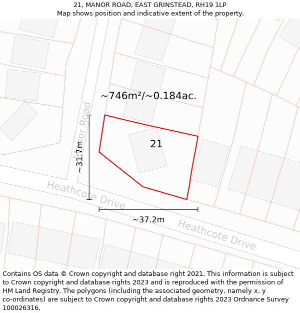 21, MANOR ROAD, EAST GRINSTEAD, RH19 1LP: Plot and title map