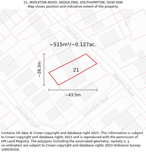 21, MAPLETON ROAD, HEDGE END, SOUTHAMPTON, SO30 0GN: Plot and title map