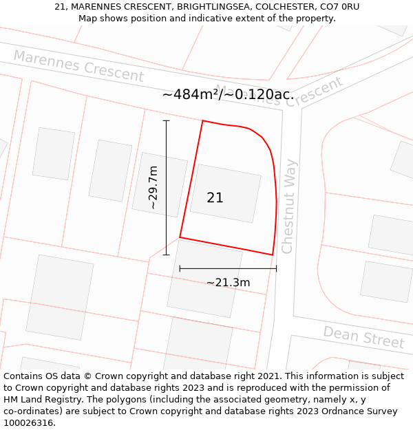 21, MARENNES CRESCENT, BRIGHTLINGSEA, COLCHESTER, CO7 0RU: Plot and title map