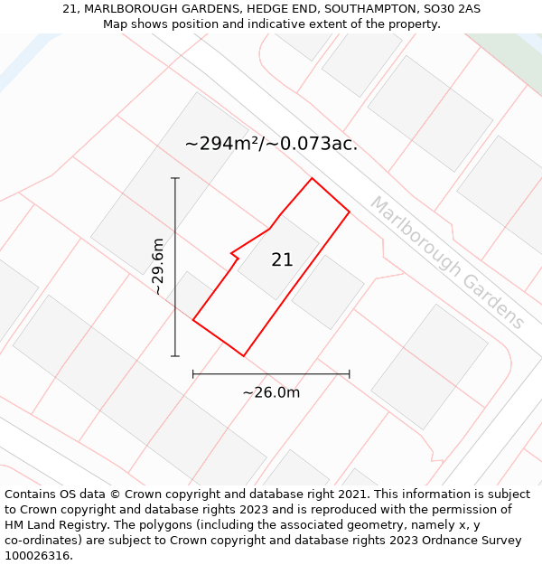 21, MARLBOROUGH GARDENS, HEDGE END, SOUTHAMPTON, SO30 2AS: Plot and title map