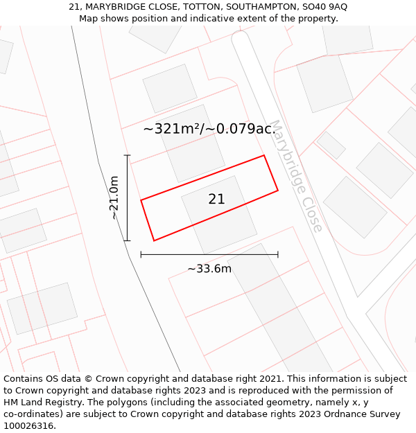 21, MARYBRIDGE CLOSE, TOTTON, SOUTHAMPTON, SO40 9AQ: Plot and title map