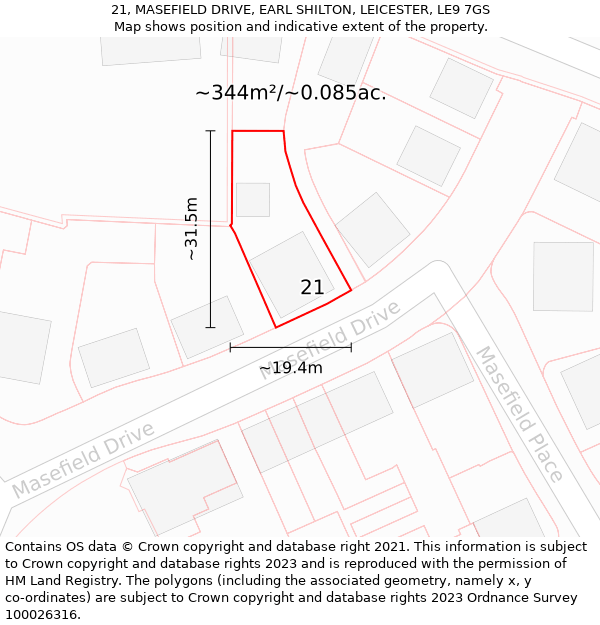 21, MASEFIELD DRIVE, EARL SHILTON, LEICESTER, LE9 7GS: Plot and title map