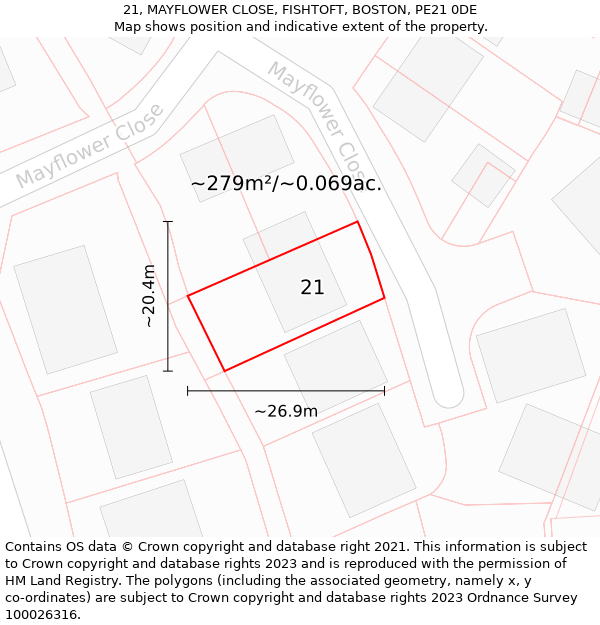 21, MAYFLOWER CLOSE, FISHTOFT, BOSTON, PE21 0DE: Plot and title map