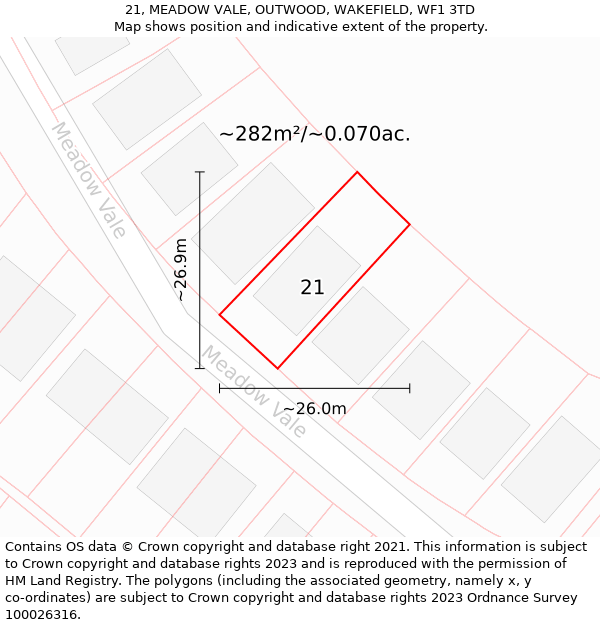 21, MEADOW VALE, OUTWOOD, WAKEFIELD, WF1 3TD: Plot and title map