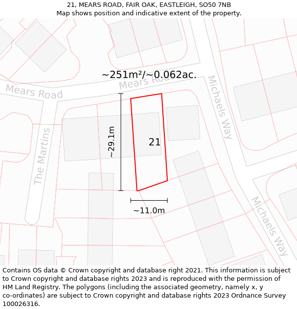 21, MEARS ROAD, FAIR OAK, EASTLEIGH, SO50 7NB: Plot and title map