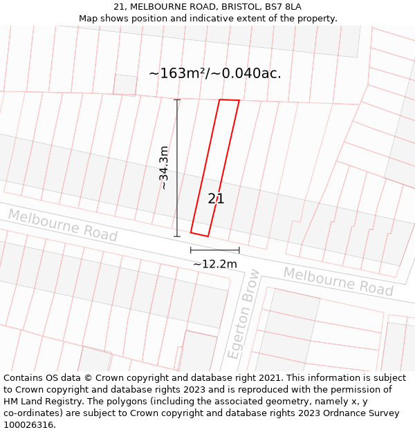 21, MELBOURNE ROAD, BRISTOL, BS7 8LA: Plot and title map