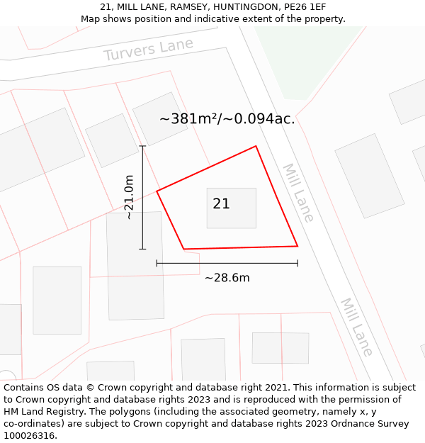 21, MILL LANE, RAMSEY, HUNTINGDON, PE26 1EF: Plot and title map