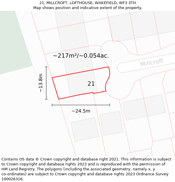 21, MILLCROFT, LOFTHOUSE, WAKEFIELD, WF3 3TH: Plot and title map