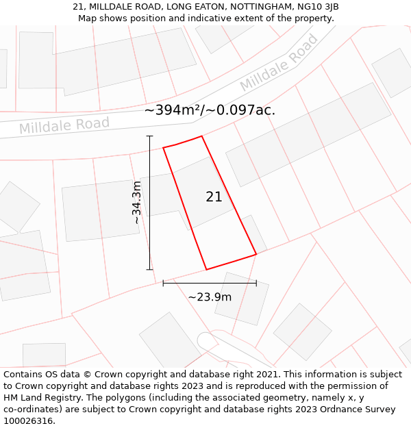 21, MILLDALE ROAD, LONG EATON, NOTTINGHAM, NG10 3JB: Plot and title map