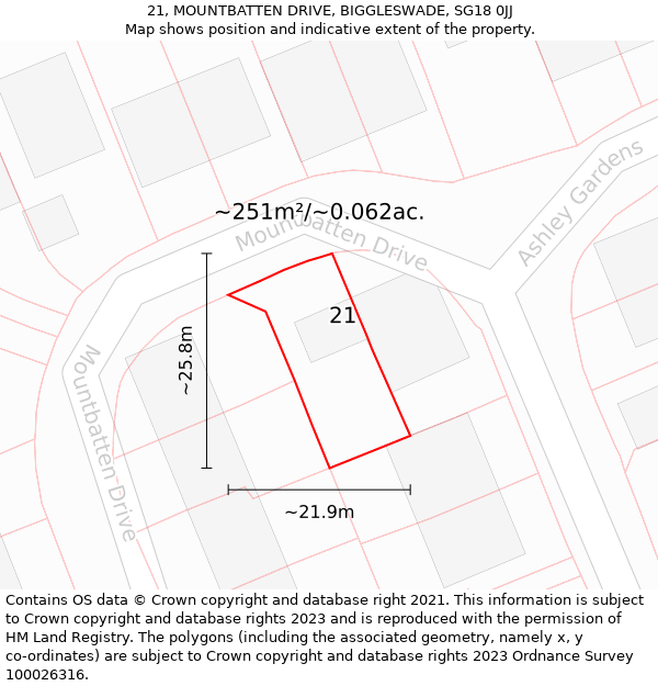 21, MOUNTBATTEN DRIVE, BIGGLESWADE, SG18 0JJ: Plot and title map