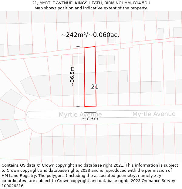 21, MYRTLE AVENUE, KINGS HEATH, BIRMINGHAM, B14 5DU: Plot and title map