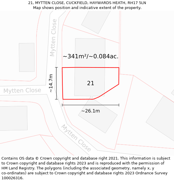 21, MYTTEN CLOSE, CUCKFIELD, HAYWARDS HEATH, RH17 5LN: Plot and title map