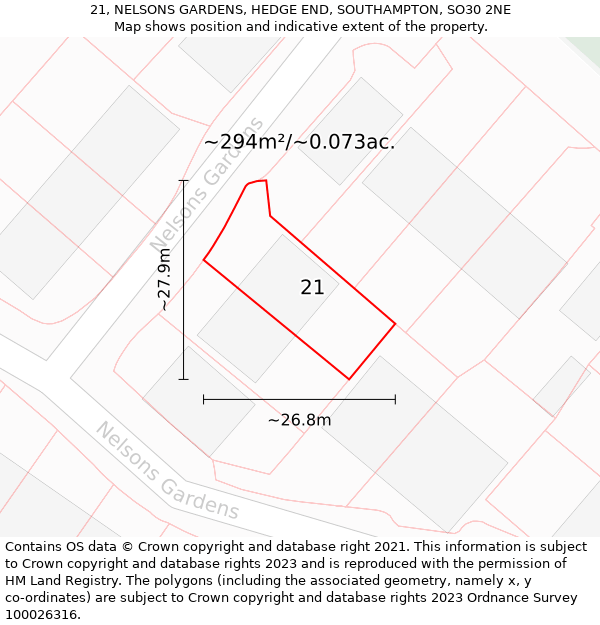 21, NELSONS GARDENS, HEDGE END, SOUTHAMPTON, SO30 2NE: Plot and title map