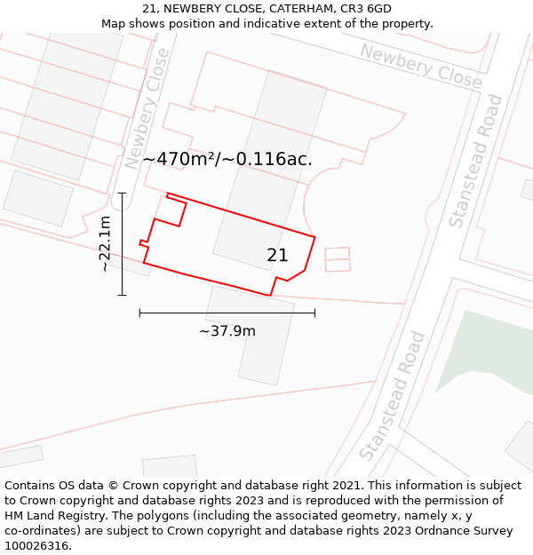 21, NEWBERY CLOSE, CATERHAM, CR3 6GD: Plot and title map