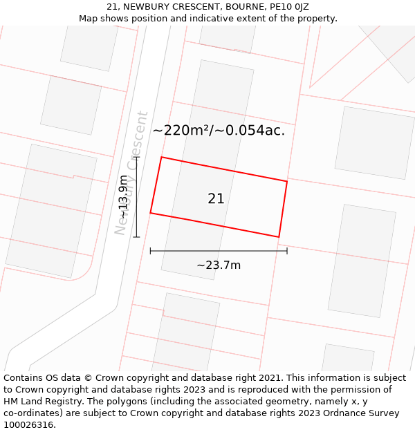 21, NEWBURY CRESCENT, BOURNE, PE10 0JZ: Plot and title map