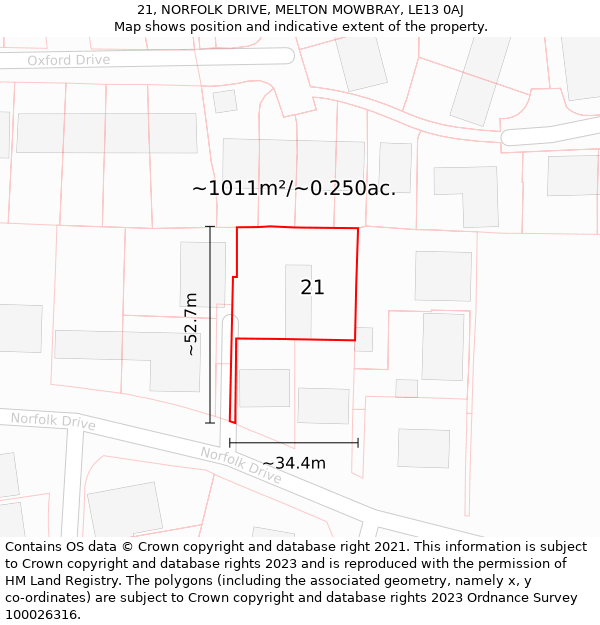 21, NORFOLK DRIVE, MELTON MOWBRAY, LE13 0AJ: Plot and title map