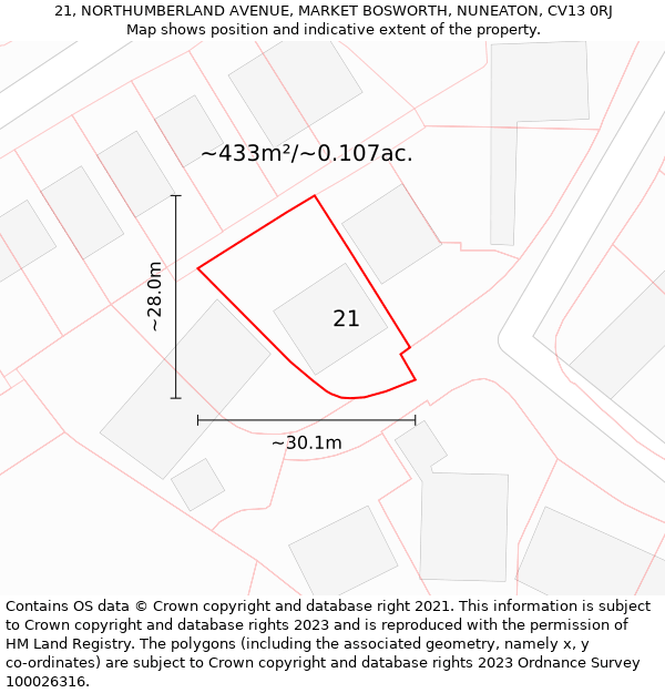 21, NORTHUMBERLAND AVENUE, MARKET BOSWORTH, NUNEATON, CV13 0RJ: Plot and title map