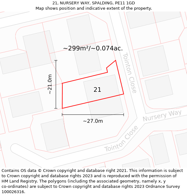 21, NURSERY WAY, SPALDING, PE11 1GD: Plot and title map